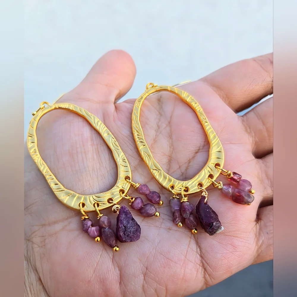 Etruscan-inspired Natural Raw Tourmaline In Hammered Gold Plated Large Earrings